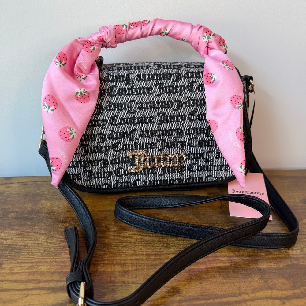 New Juicy Couture Drama Queen Strawberry Flap Crossbody Handbag Pink Black Cute